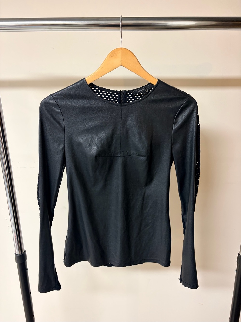 BCBGMaxAzria Black Faux Leather Long Sleeve Top with Embellished Sleeves